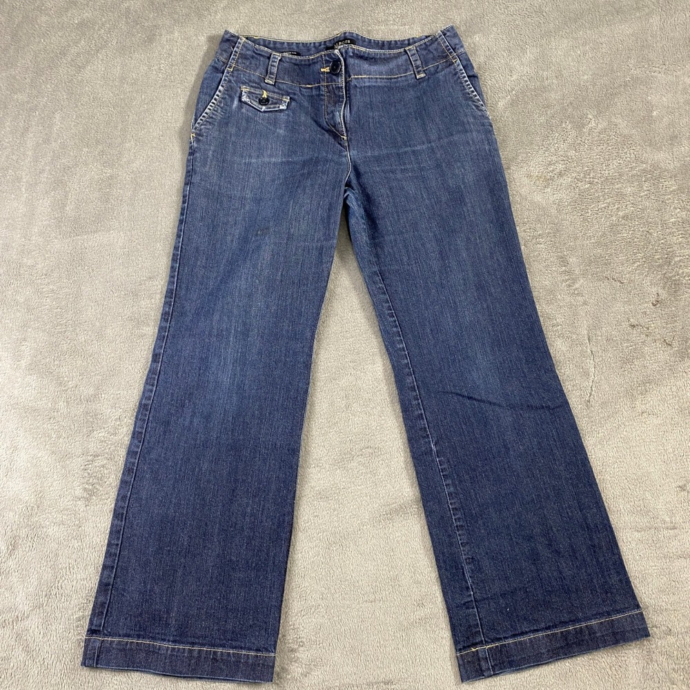Talbots Signature Flare Jeans Womens 32W Petite Dark Wash Wide Leg Denim Blue